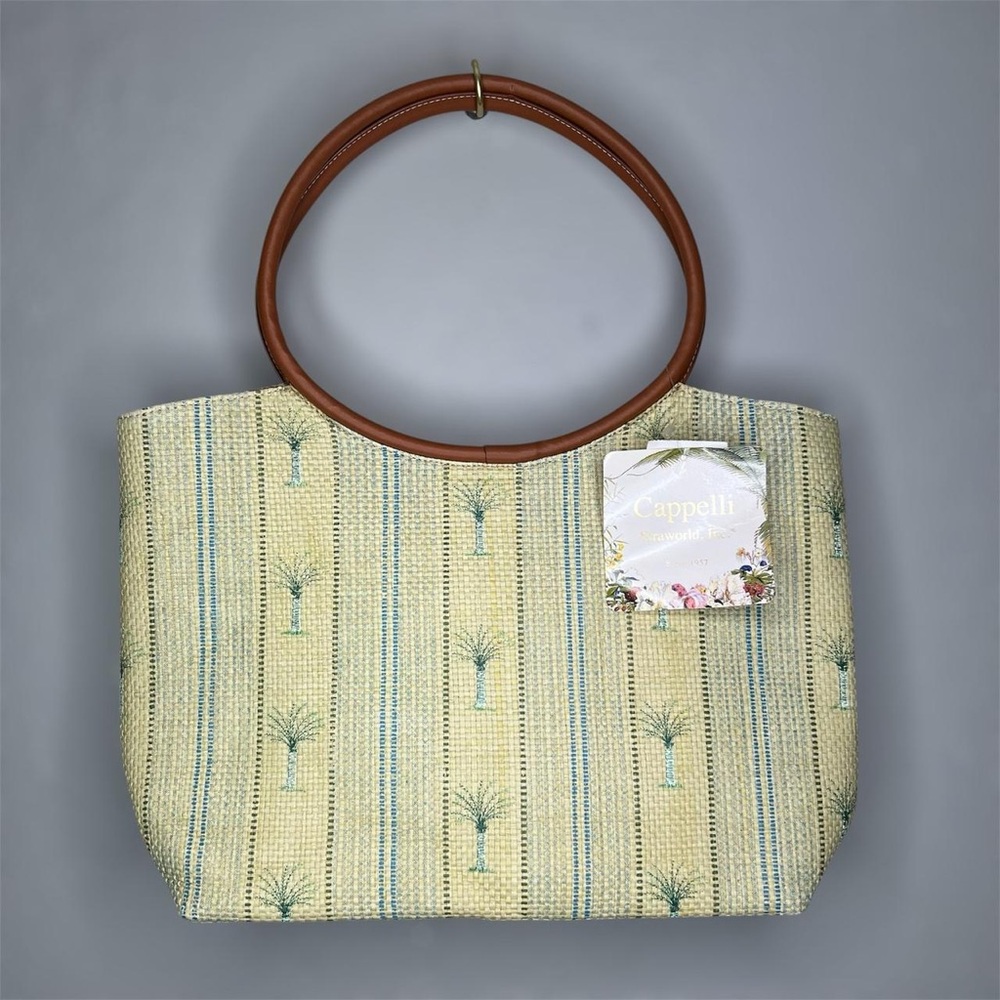 Capelli of New York Pale Yellow & Blue Woven Satchel with Brown Round Handles